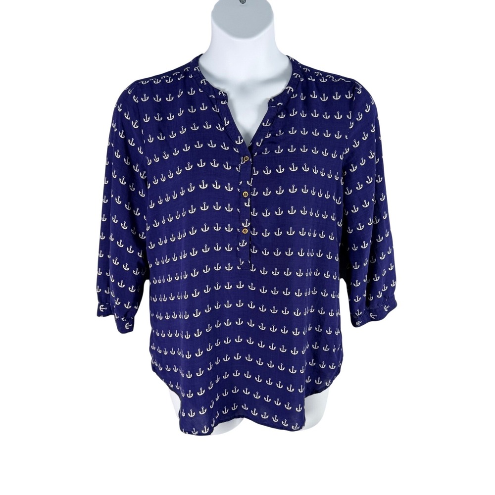 Grand & Greene XL Blue Anchor Print Rayon Henley 3/4 Sleeve Tunic Blouse Top